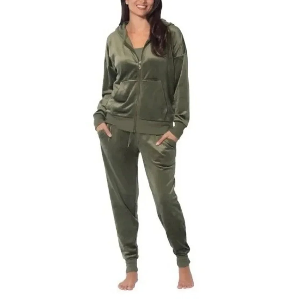 NEW Velour Women's L Hoodie & Jogger Set By Felina Olive Green Soft M0023